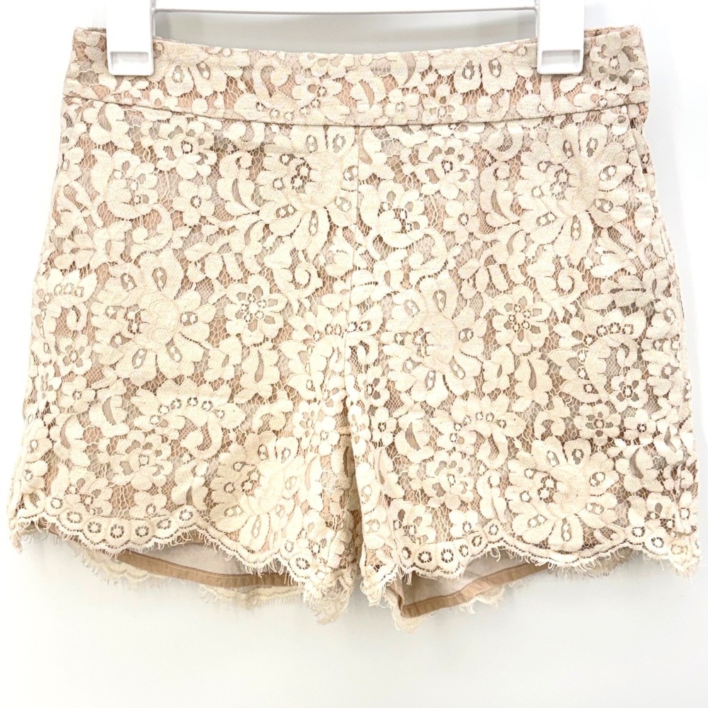 Anthropologie Cartonnier Lace Short Ivory 4 Pink Stripe Cottage Romantic Scallop